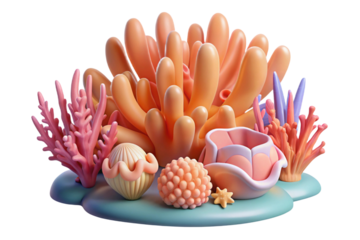 Vibrant 3d coral reef scene with various marine life isolated on transparent background