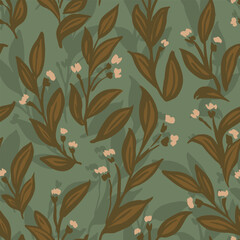 Pretty tiny flowers with leaves and shadows in background forming a maximalist botanical pattern in colors of off white, sap green on sage green. Seamless vector pattern. Great for home decor, fabric.