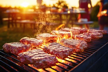 A group gathers around a grill as delicious steaks sizzle over open flames. The warm sunset casts a golden glow, enhancing the joyful atmosphere of this outdoor barbecue event.