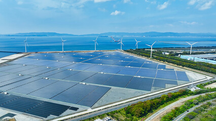 windmill, wind power generation, aerial view, solar panel, photovoltaic power generation, drone,...