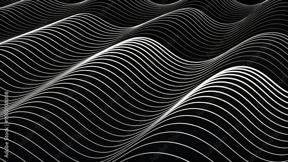 Poster flowing white lines on black abstract pattern background