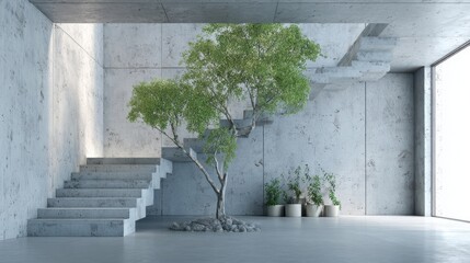 Modern Concrete Interior with Staircase and Potted Tree