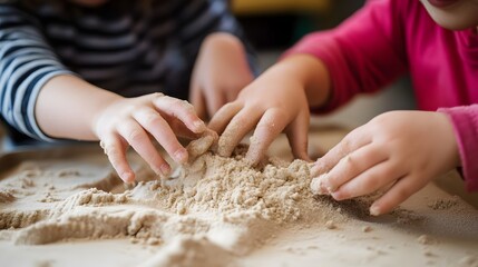 children&rsquo;s hands playing with kinetic sand, tactile activity with visible textures and movement 
