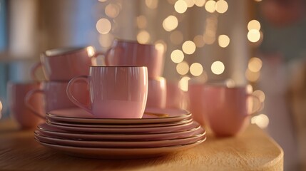 Stack of Pink Cups and Plates on a Table with Bokeh Lights in the Background