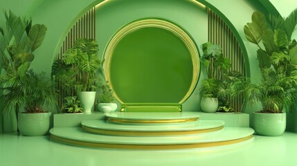 Modern Green Stage with Circular Podium and Tropical Plants