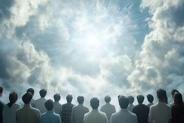 A crowd of people gazes upwards, awestruck by a radiant celestial light piercing through the clouds.