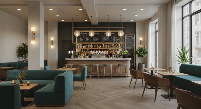 Modern Cafe Interior with Bar and Seating Area