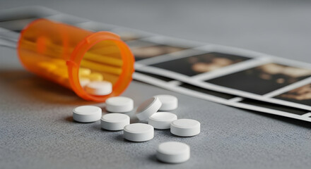 Orange pill bottle with spilled white pills next to medical images.