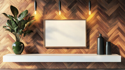 Modern Interior with Blank Frame and Stylish Decor on Wooden Wall