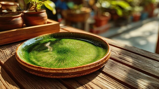 Green plate shines on wooden table, plants in blurred bg