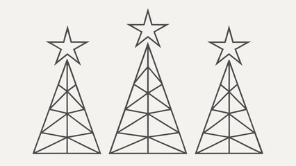 Three minimalist geometric Christmas trees with stars, line art style, simple elegant design, perfect for holiday cards, festive branding, and winter season projects.