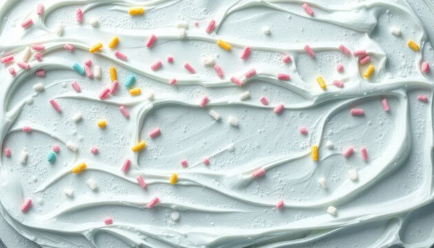 Close-up of cake frosting with colorful sprinkles for festive celebration
