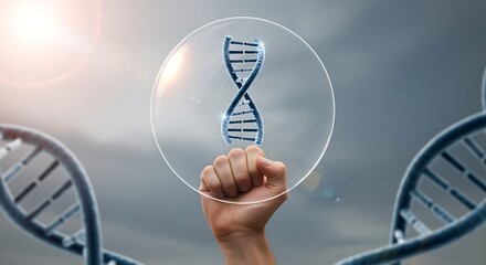 Genetic protection concept with DNA representation,Encapsulated within a clear orb, a spiraling DNA strand is suspended in a hand