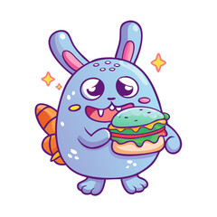 cute the monster bunny with burger vector illustration. sticker and keychain
