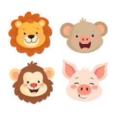 Obraz premium Cute animal cartoon icon set with bear dog panda and lion in vector illustration style