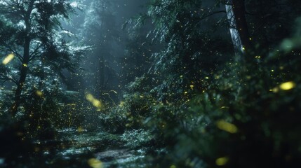 Enchanted Forest at Night with Fireflies Illuminating the Path