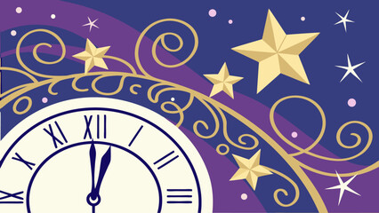 Midnight Countdown: Elegant Clock Face with Golden Stars and Swirling Vines, Festive New Year's Eve Design, Vector Illustration.