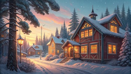Fototapeta premium Cozy winter village scene with warmly lit houses at sunset