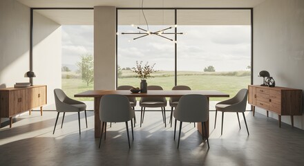 Fototapeta premium Modern Dining Room Interior Design with Large Windows and Natural Light