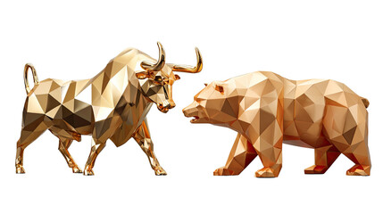 Golden Bull and Bear Statues:  Geometric gold bull and bear statues face each other, symbolizing the opposing forces of a stock market, investment, or financial market.