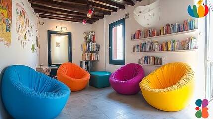 Colorful children's reading nook with comfy seating