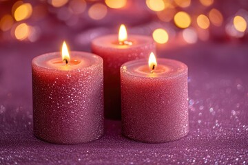 Three pink candles, warm glow, bokeh background