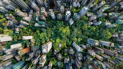 Aerial View of Dense Urban Jungle with Towering Skyscrapers Surrounding a Lush Green Park