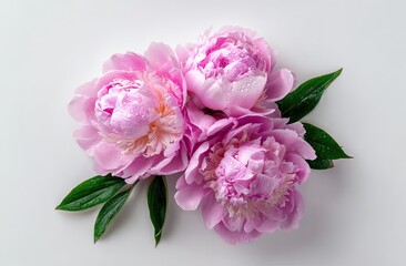 Three light pink peonies with dew drops, arranged with lush green leaves on a white background; overhead view