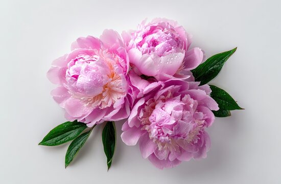 Three light pink peonies with dew drops, arranged with lush green leaves on a white background; overhead view