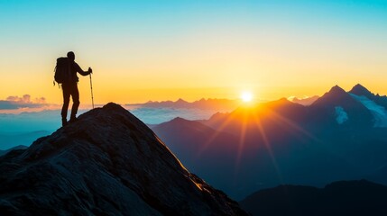 Silhouette of a hiker standing on mountain peak at sunrise with glowing sky, symbolizing adventure travel, personal achievement, goal conquest, and triumph over adversity in the great outdoors