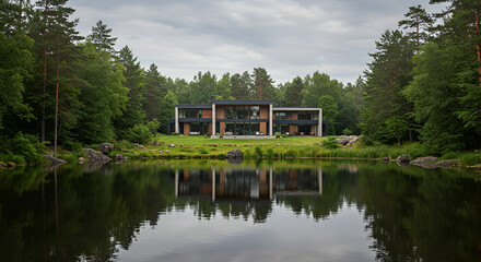 Obraz premium Modern house reflecting on a calm lake in a forested area