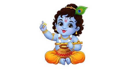 Fototapeta premium A cute illustration of baby krishna, the hindu deity, sitting crosslegged with a pot of butter and a flute, isolated on white background
