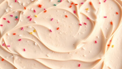 Close-up of creamy frosting with colorful sprinkles on a dessert or cake