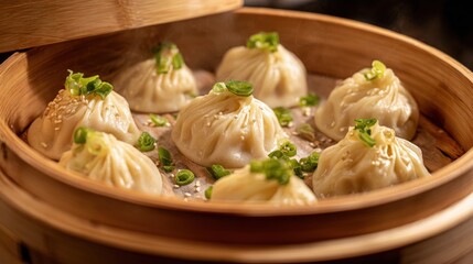 Steaming Dumplings Garnished with Green Onions in a Bamboo Basket