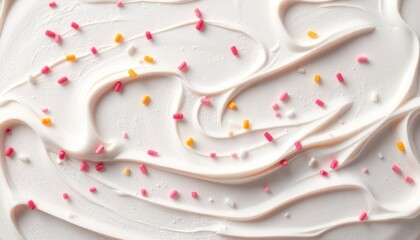 Close-up of creamy white frosting with colorful sprinkles scattered on top