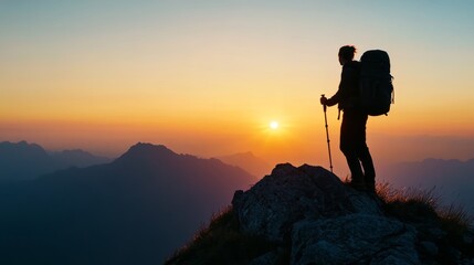 Silhouette of a hiker standing on mountain peak at sunrise with glowing sky, symbolizing adventure travel, personal achievement, goal conquest, and triumph over adversity in the great outdoors