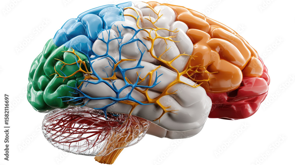 Poster mind's spectrum: a vibrant, photorealistic depiction of a human brain, segmented into distinct, colo