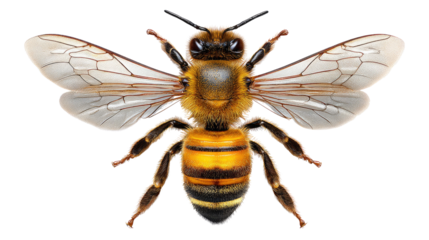 Worker Bee on White: A worker bee with distinctive yellow and black stripes, delicate transparent wings, and intricate details, isolated for educational or artistic use.
