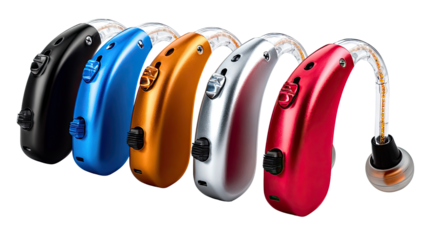 Hearing Aids in Array of Colors: High-quality hearing aids, each boasting unique colors and modern design, showcasing innovative technology for enhanced auditory perception.