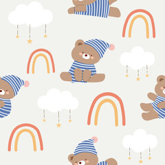 bears with striped white blue pajamas and sleeping hats in the sky with clouds , stars and rainbows seamless pattern , vector ,illustration