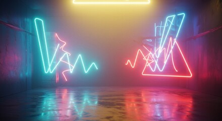 Colorful neon artwork installation inside a dark room creates a modern and futuristic aesthetic with a reflective floor, evoking a sense of vibrant urban art.