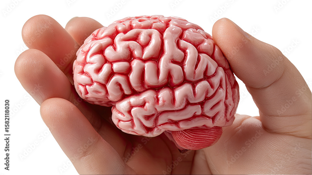 Poster brain in hand: a close-up shot reveals a detailed miniature brain model cradled gently within the pa