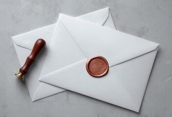 Two pristine white envelopes, one sealed with a copper-colored wax stamp, rest on a mottled gray surface beside a wooden-handled sealing stamp