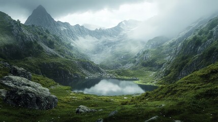 Tranquil small lake nestled among majestic mountain peaks under a clear blue sky, serene natural landscape ideal for outdoor travel, nature retreat, and wilderness exploration concepts





