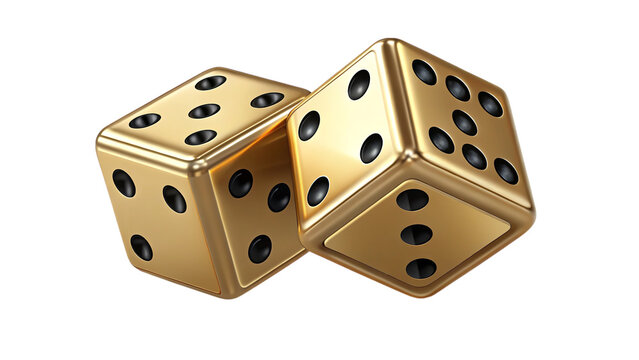 Golden dice game gambling chance casino luck risk play number bet success fail win lose roll 3d render on transparent background