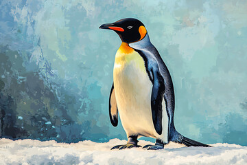 A solitary emperor penguin stands majestically on a snowy landscape under a serene blue sky