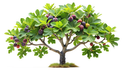 A bountiful fig tree heavy with ripe purple figs, its green leaves and branches isolated on white isolated on transparent background