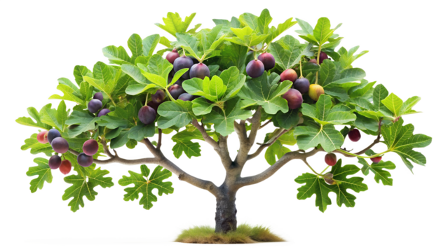 A bountiful fig tree heavy with ripe purple figs, its green leaves and branches isolated on white isolated on transparent background