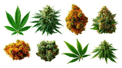 Cannabis Variety: Diverse presentation of vibrant cannabis leaves and buds. Showcasing different forms of marijuana, from leaves to buds, capturing the essence of herbal diversity.