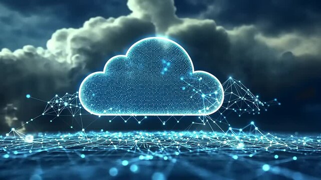 Abstract representation of cloud computing with digital connections over a serene ocean backdrop